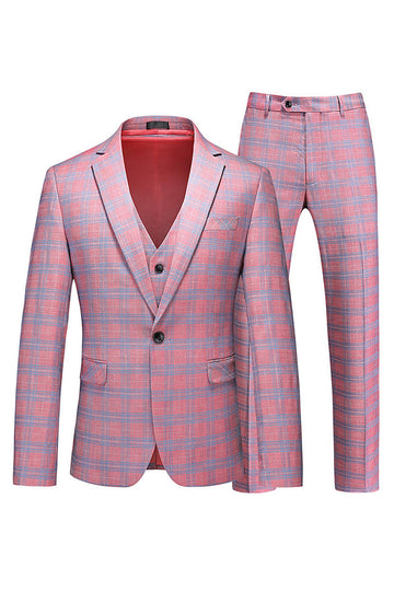 Pink Plaid Notched Lapel One Button 3 Piece Men's Suit